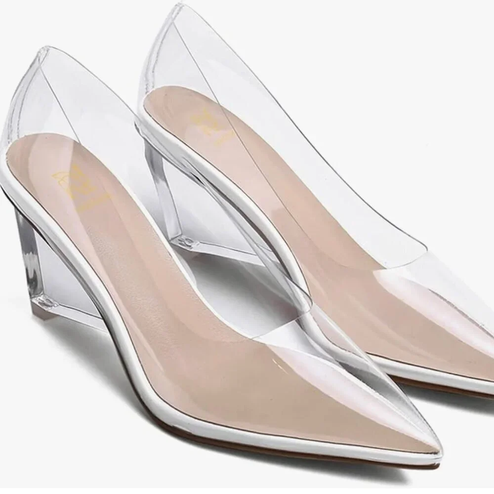 NWOB Clear Wedge Heel Pumps with Rhinestones Pointed Toe Transparent Wedge Heel